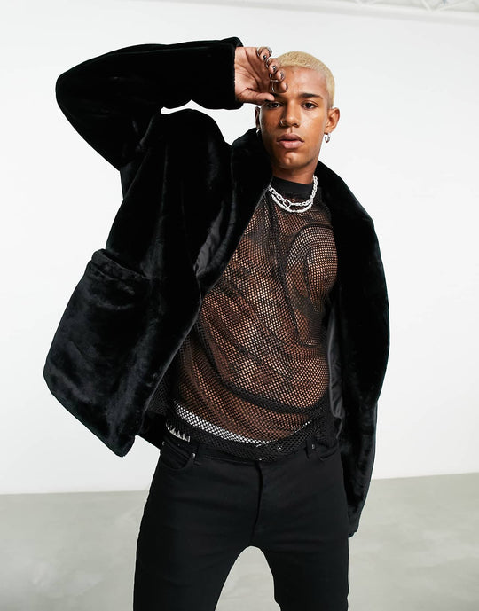 asos-design-oversized-faux-fur-belted-blazer-in-black