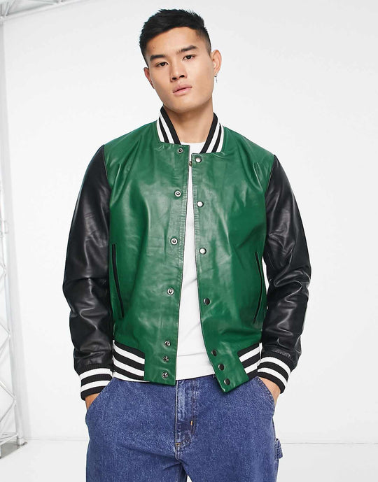 Muubaa Plain Varsity Leather Bomber Jacket in Green