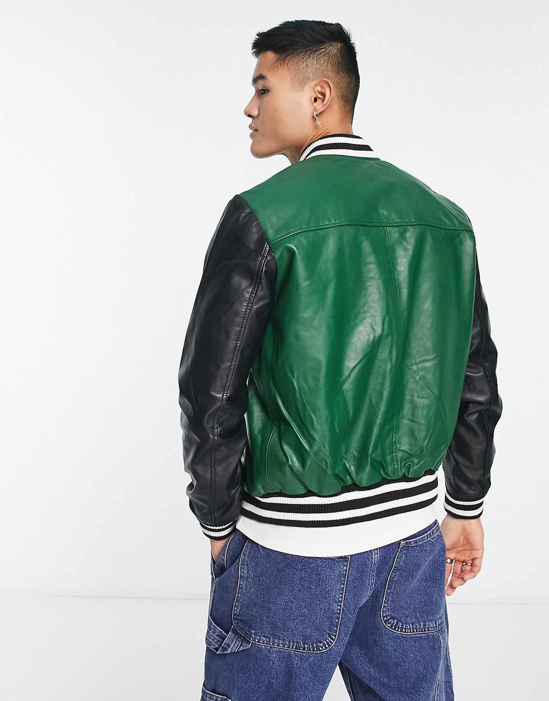 Muubaa Plain Varsity Leather Bomber Jacket in Green