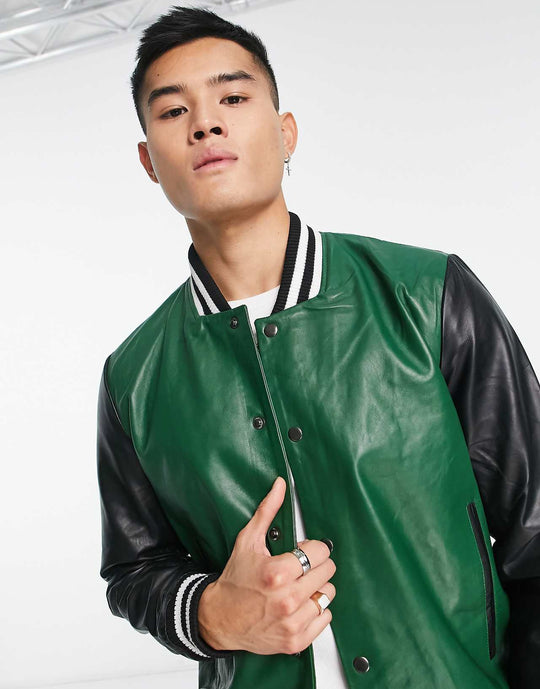 Muubaa Plain Varsity Leather Bomber Jacket in Green