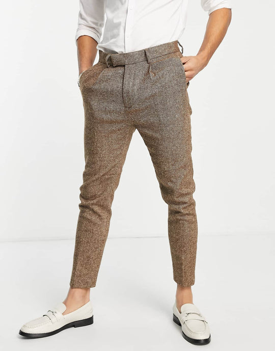 ASOS Design Wedding Tapered Wool Mix Smart Trousers in Tweed Brown