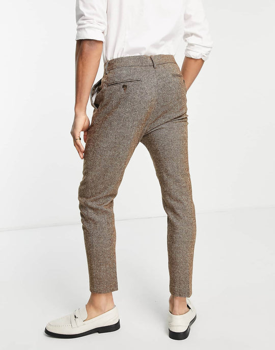 ASOS Design Wedding Tapered Wool Mix Smart Trousers in Tweed Brown