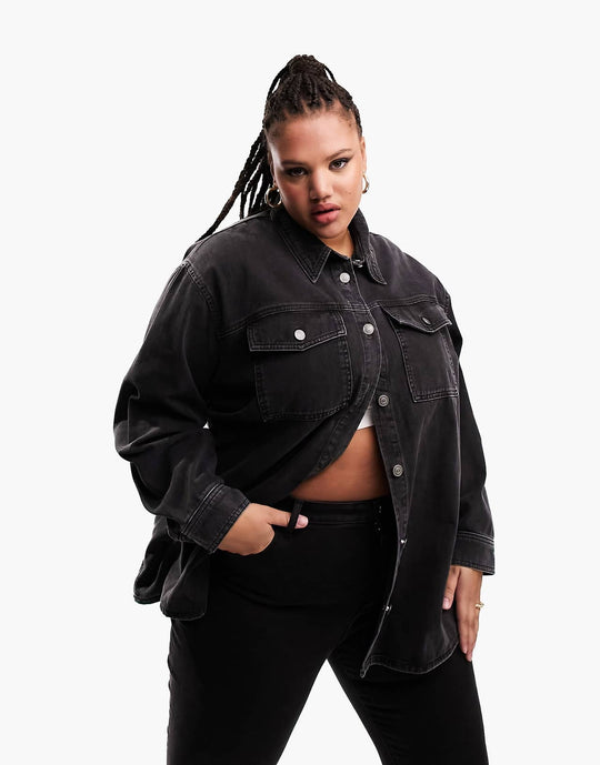 asos design curve oversized denim shacket in washed black
