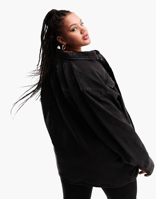 asos design curve oversized denim shacket in washed black