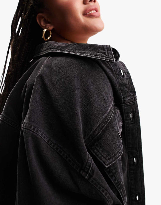 asos design curve oversized denim shacket in washed black