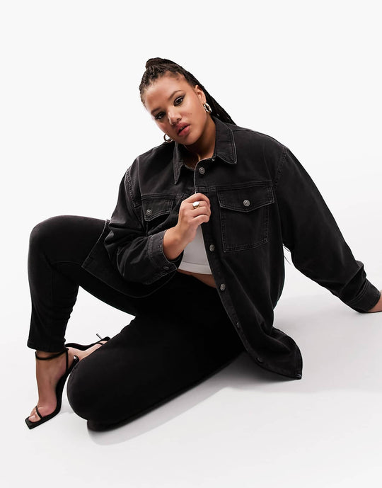 asos design curve oversized denim shacket in washed black