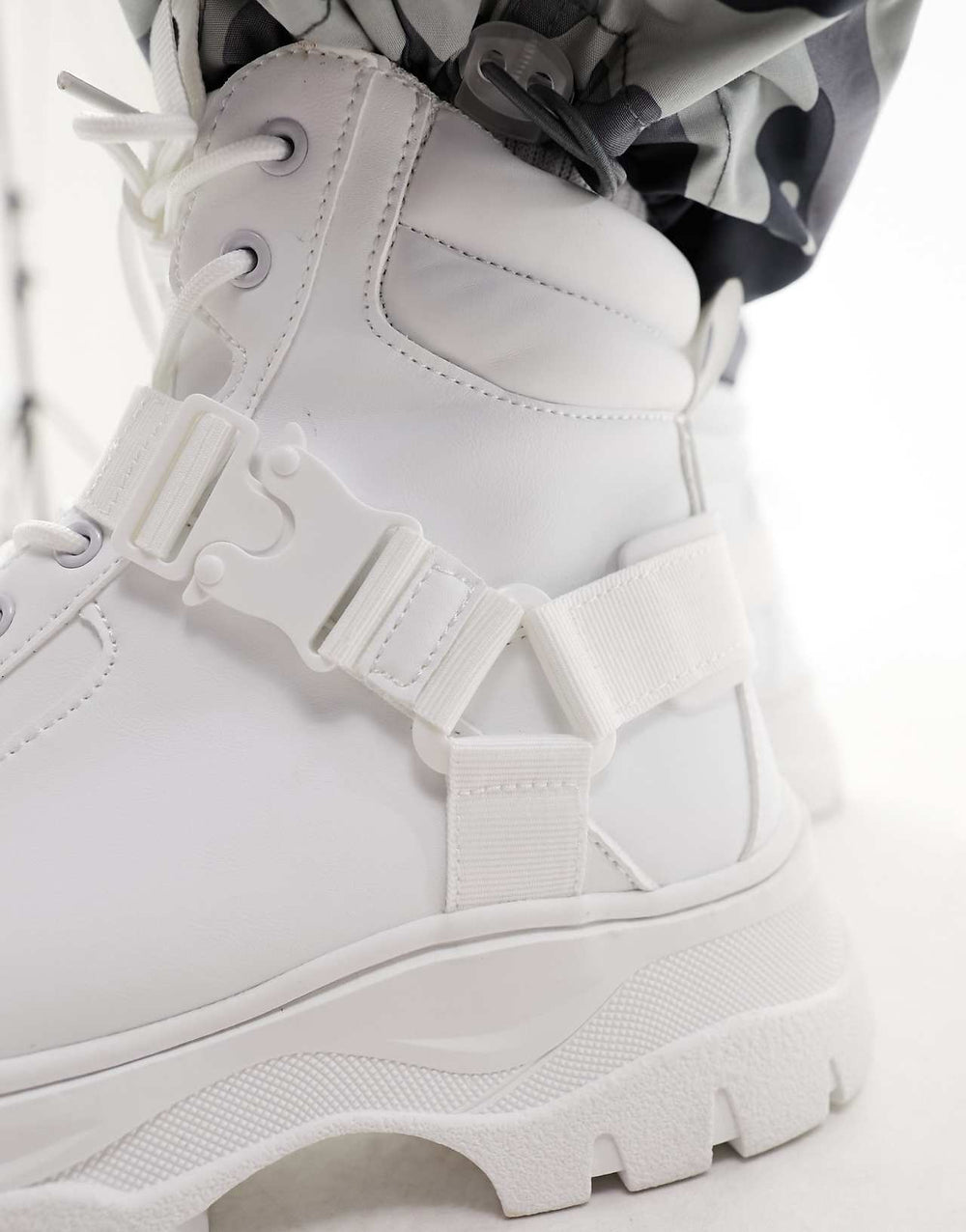 ASOS Design Lace Up Boots in White Faux Leather with Chunky Sole