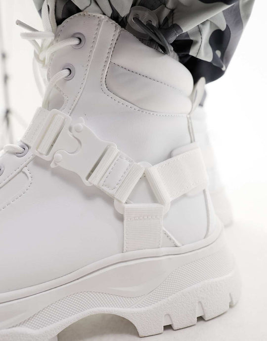 ASOS Design Lace Up Boots in White Faux Leather with Chunky Sole