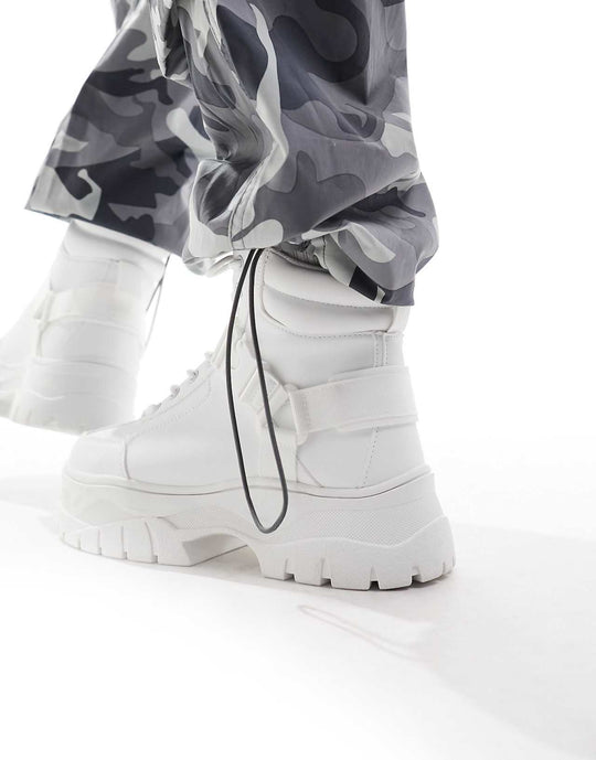 ASOS Design Lace Up Boots in White Faux Leather with Chunky Sole