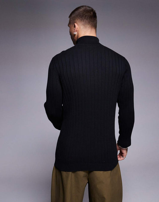 aSOS DESIGN Essential - lihaksikkaasti istuva neulottu ribattu pooloneule, musta