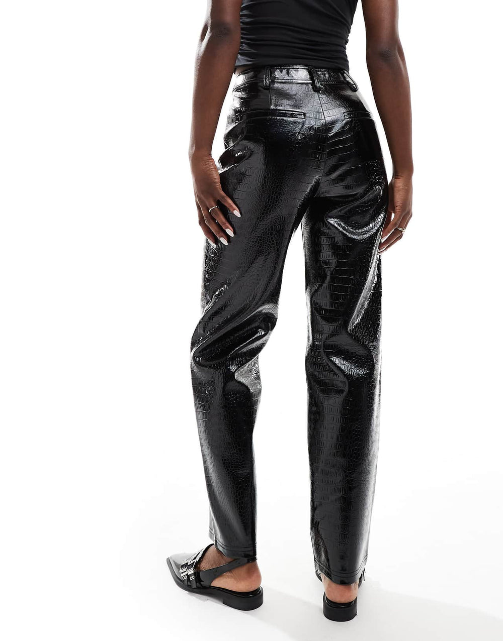 asos design faux leather croc straight leg trouser in black
