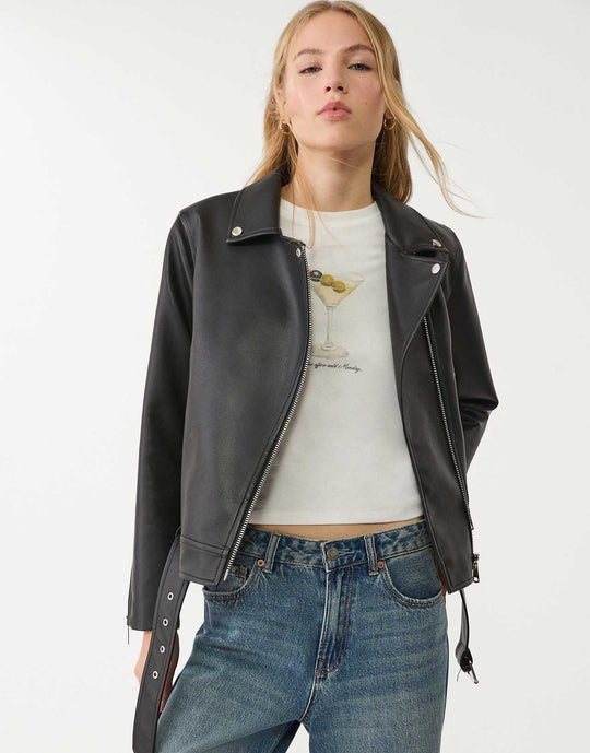Stradivarius Faux Leather Biker Jacket in Black