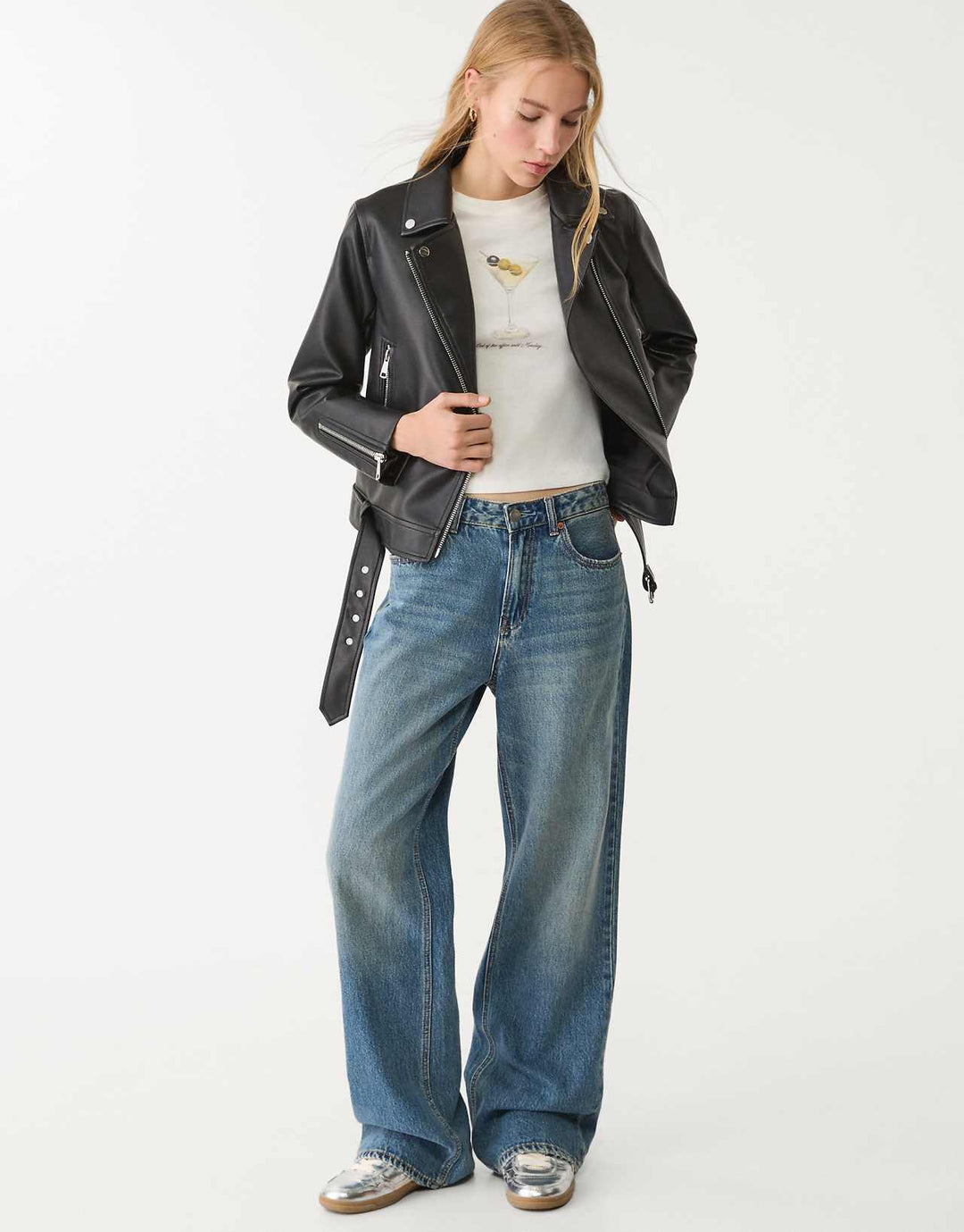 Stradivarius Faux Leather Biker Jacket in Black