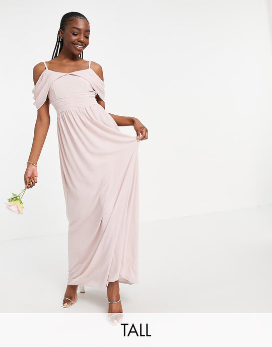 tfnc tall bridesmaid drape shoulder asymmetric maxi dress in mink
