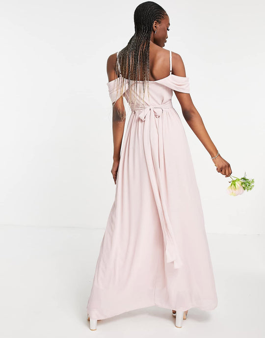 tfnc tall bridesmaid drape shoulder asymmetric maxi dress in mink