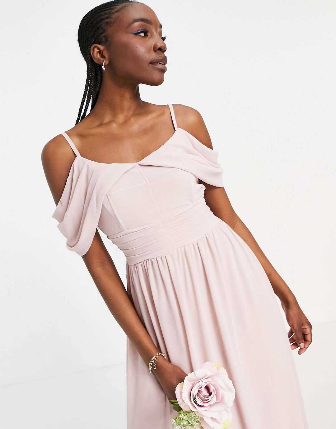 tfnc tall bridesmaid drape shoulder asymmetric maxi dress in mink