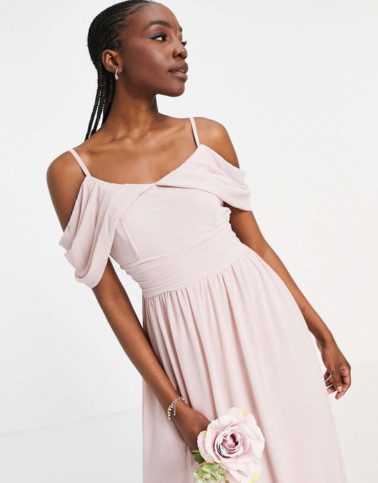 tfnc tall bridesmaid drape shoulder asymmetric maxi dress in mink