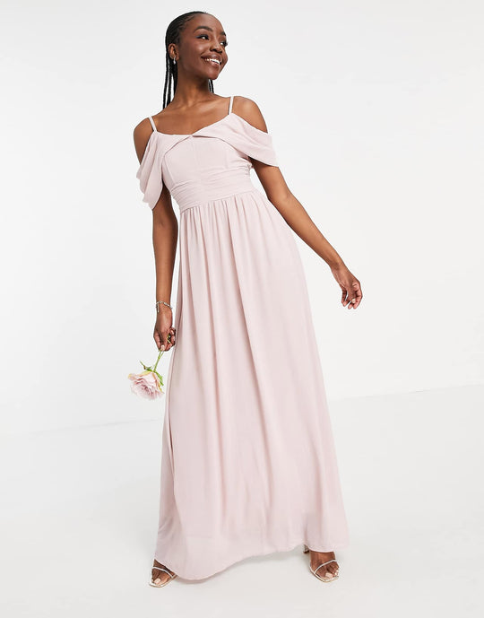 tfnc tall bridesmaid drape shoulder asymmetric maxi dress in mink