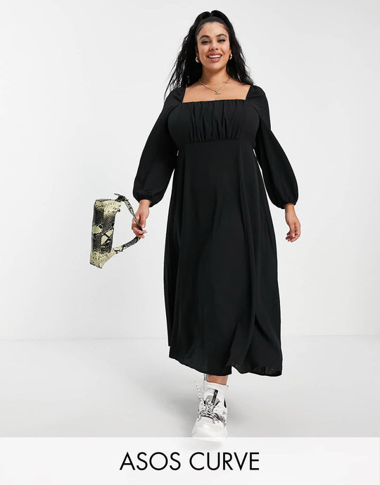 ASOS Design Curve Square Ruched Neck Midi Dress in Black