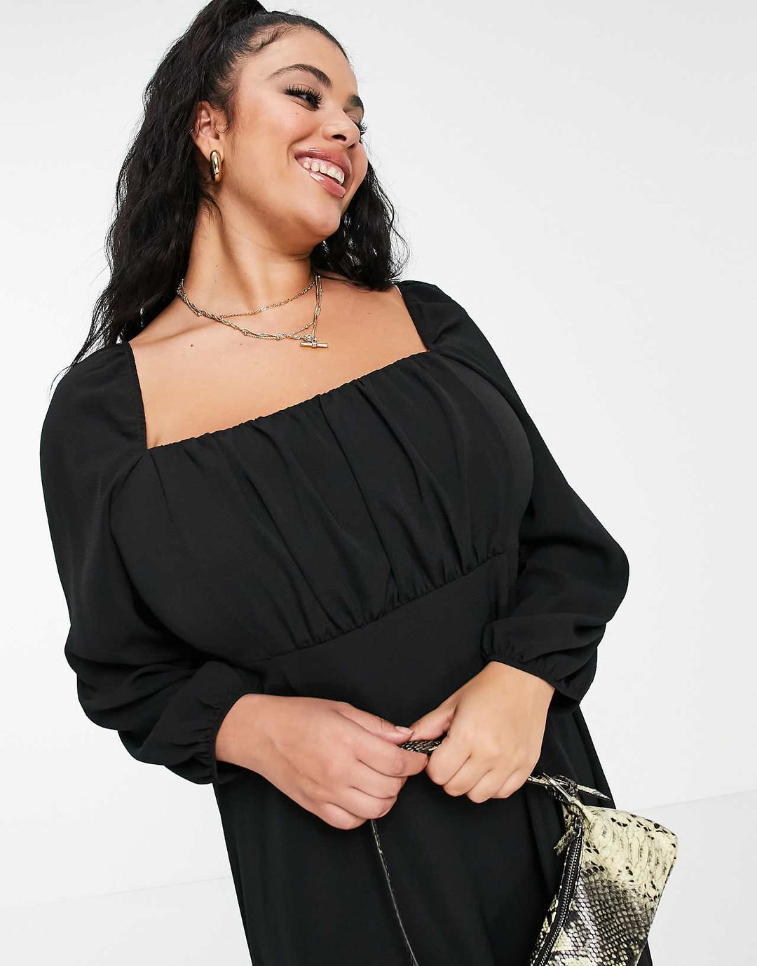 ASOS Design Curve Square Ruched Neck Midi Dress in Black