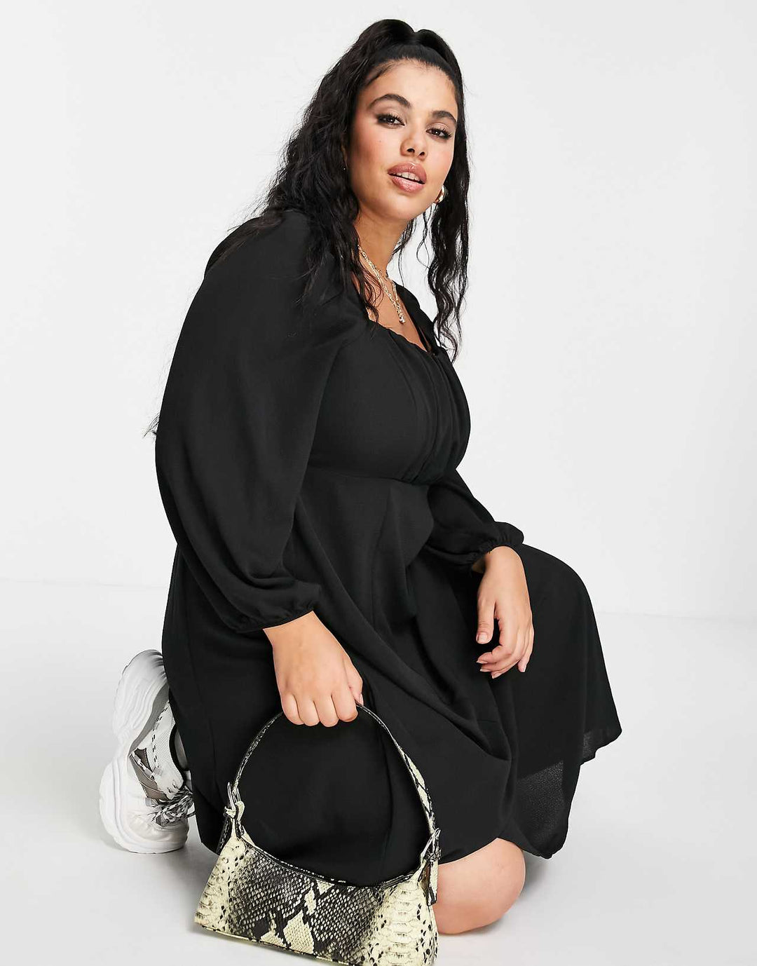 ASOS Design Curve Square Ruched Neck Midi Dress in Black