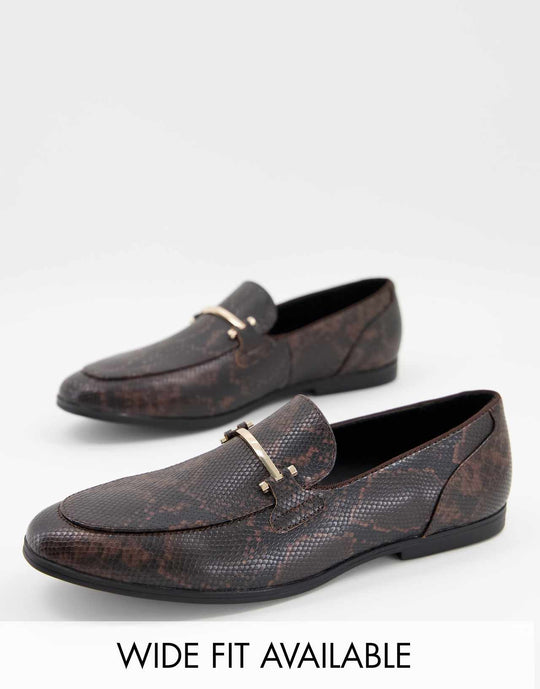 asos-design loafers in brown faux leather with snake effect and snaffle detail