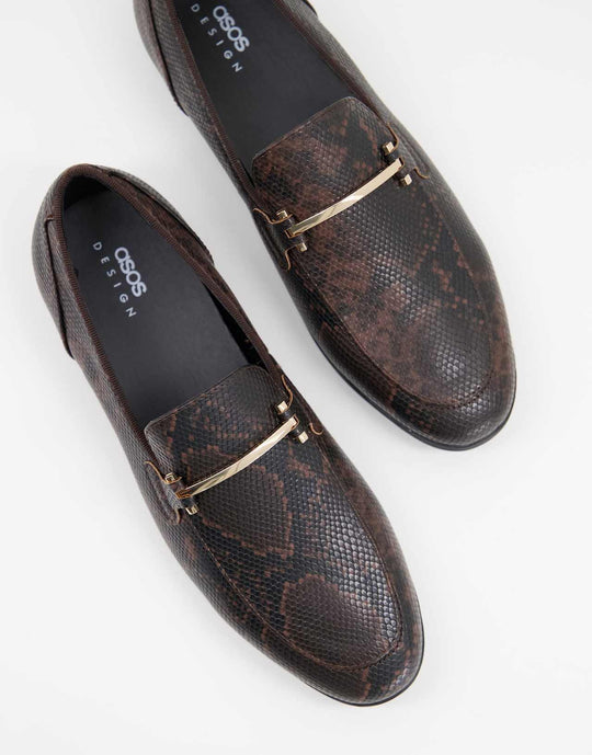 asos-design loafers in brown faux leather with snake effect and snaffle detail