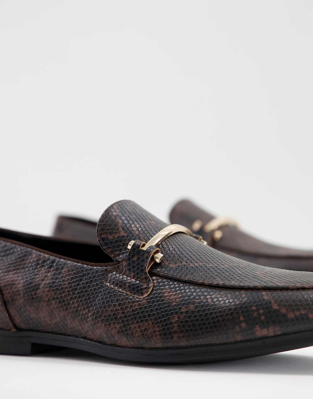 asos-design loafers in brown faux leather with snake effect and snaffle detail