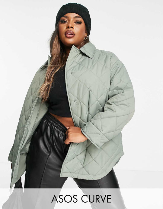 ASOS Design Curve Oversized Quilted Shacket in Sage