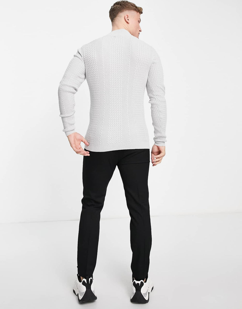 asos design lightweight cable knit half zip jumper in grey