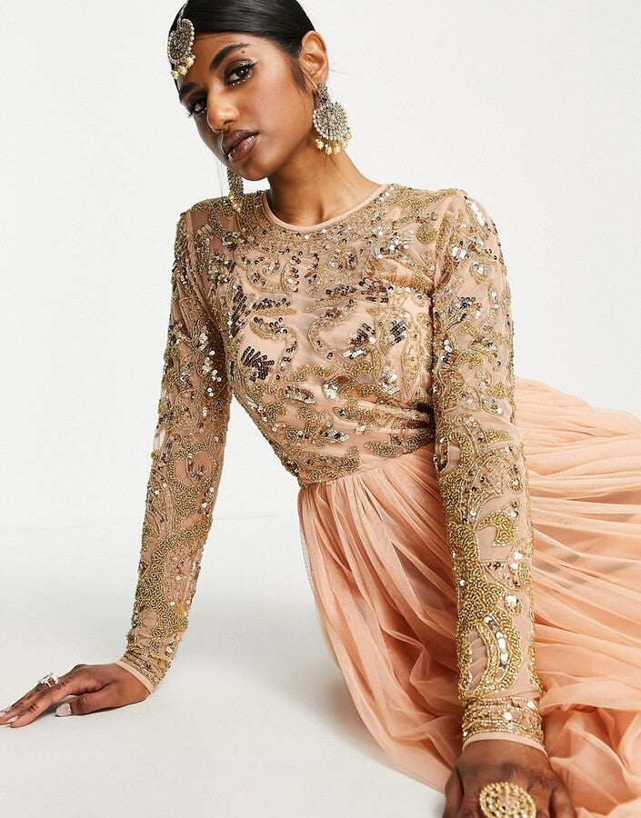 ASOS Design Anarkali Beaded Bodice Maxi Dress in Apricot