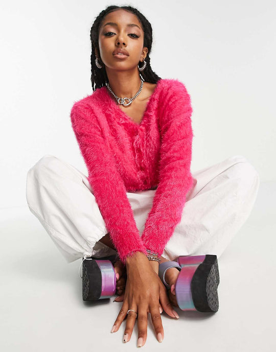 Collusion Boxy Cardigan in Fluffy Yarn in Pink