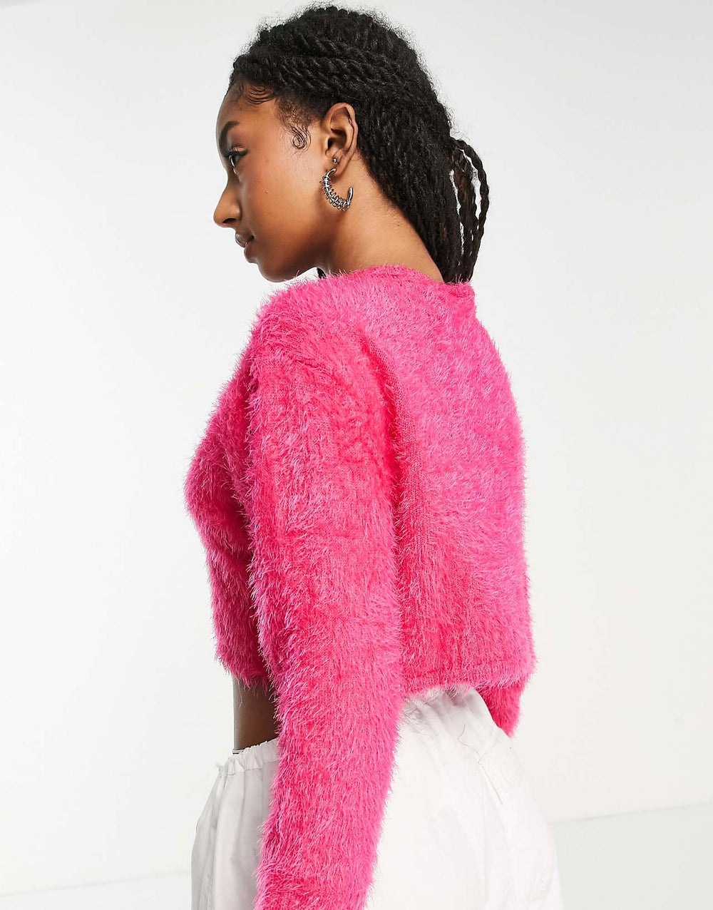 Collusion Boxy Cardigan in Fluffy Yarn in Pink