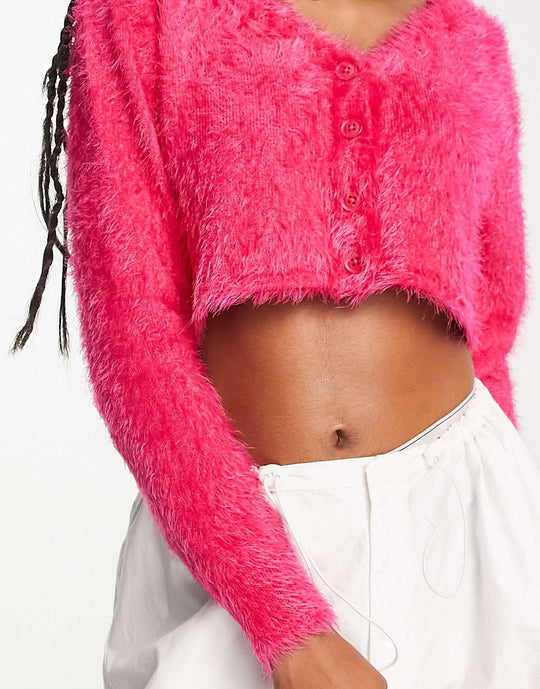 Collusion Boxy Cardigan in Fluffy Yarn in Pink