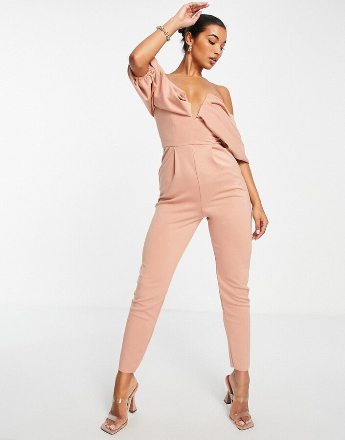 ASOS DESIGN scuba off shoulder v bar slim leg