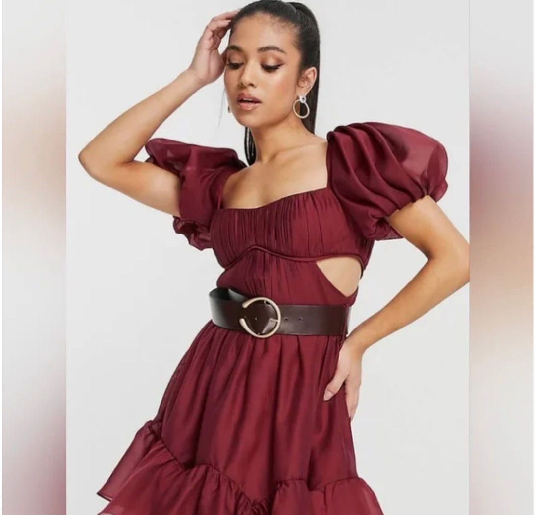 Asos design petite voile mini dress with pleated bodice and Pu belt in burgundy