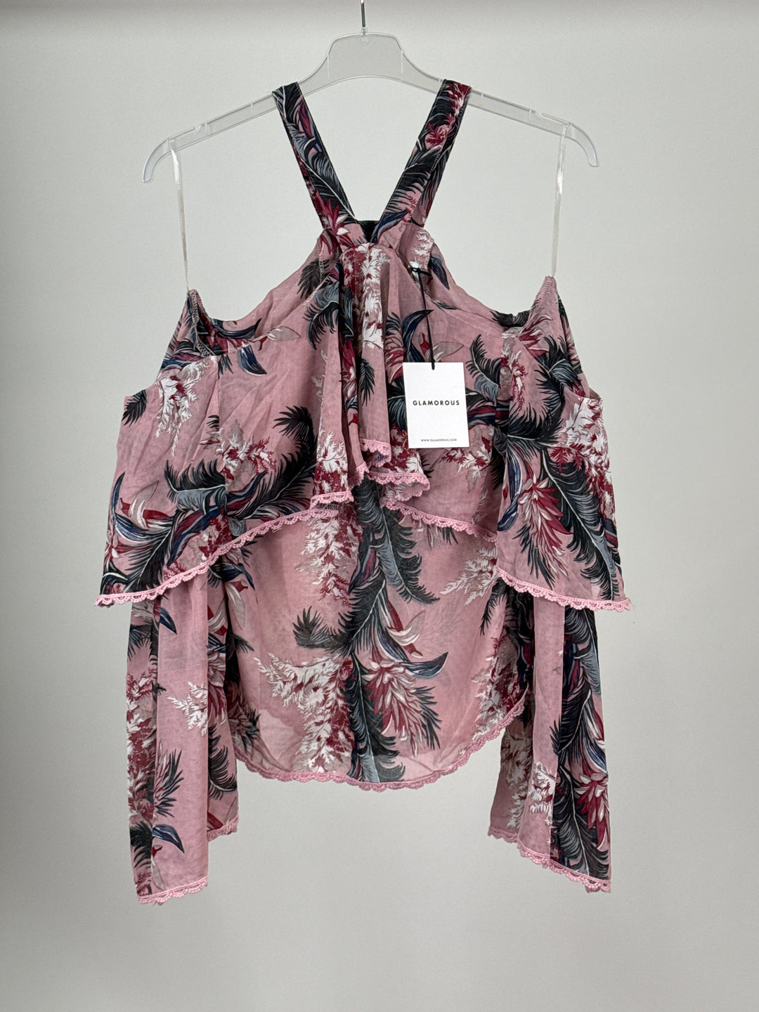 Glamorous Cut Out Sleeve Palm Floral Blouse in Pink