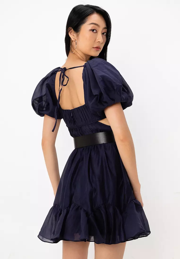 ASOS DESIGN voile mini dress with pleated bodice and PU belt