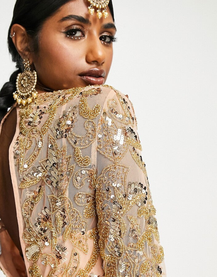 ASOS Design Anarkali Beaded Bodice Maxi Dress in Apricot