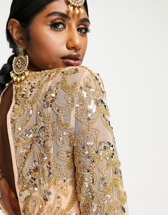 ASOS Design Anarkali Beaded Bodice Maxi Dress in Apricot