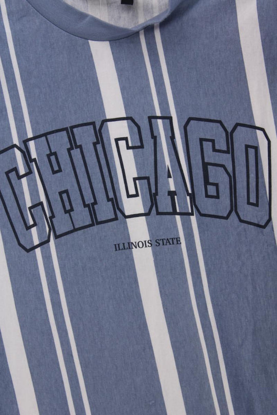 ASOS DESIGN oversized stripe t-shirt in light blue with Chicago chest print