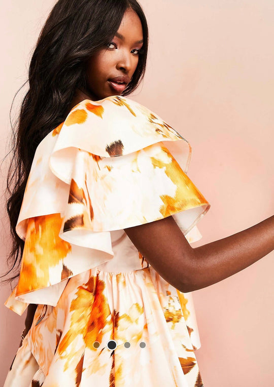 Asos Luxe Satin Ruffle Off shoulder mini dress in Multi