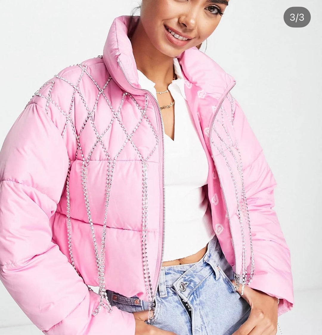 Miss Selfridge dripping diamonte trim crop puffer in pink