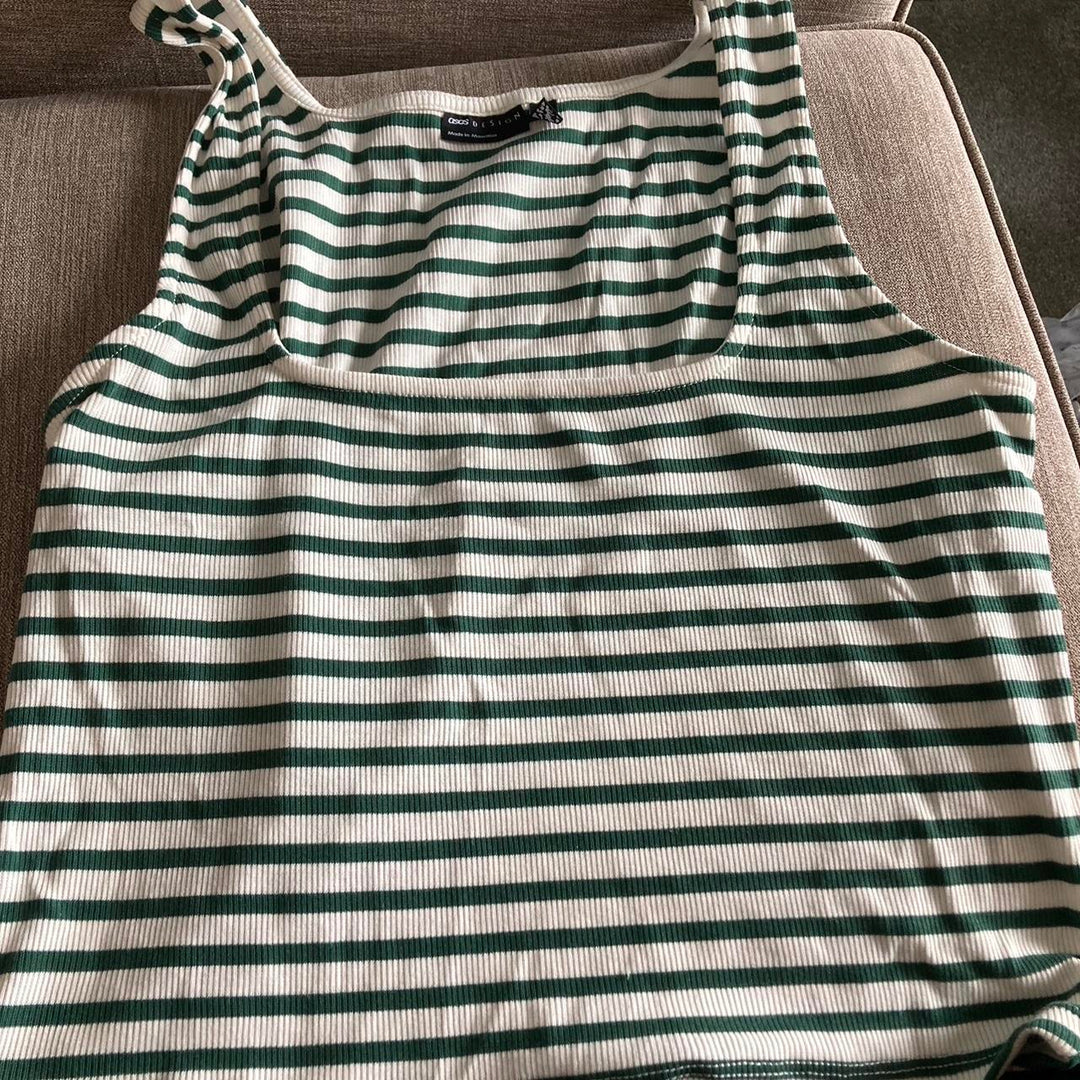 ASOS DESIGN 2 in 1 long sleeve rib top with cut out in green and ecru stripe