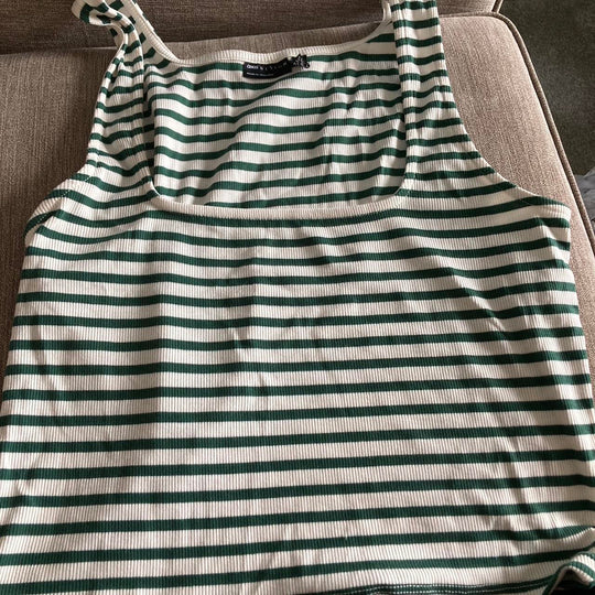 ASOS DESIGN 2 in 1 long sleeve rib top with cut out in green and ecru stripe