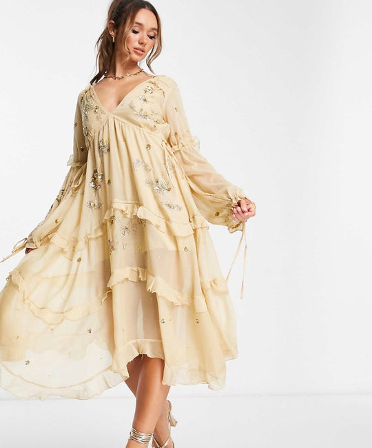 ASOS DESIGN a-line midi dress with cluster embellishment in gold