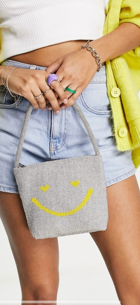 ASOS DESIGN beaded grab bag with happy face in silver
