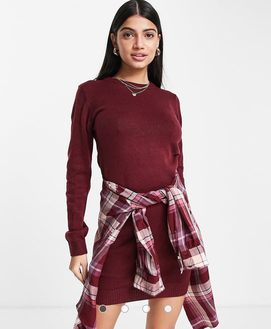 Brave soul grunge crew neck jumper dress in burgundy