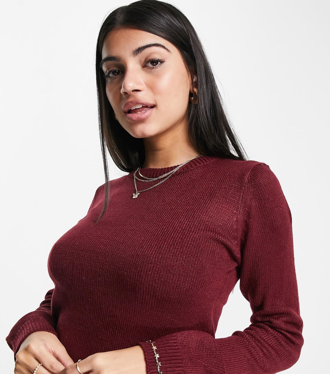 Brave soul grunge crew neck jumper dress in burgundy