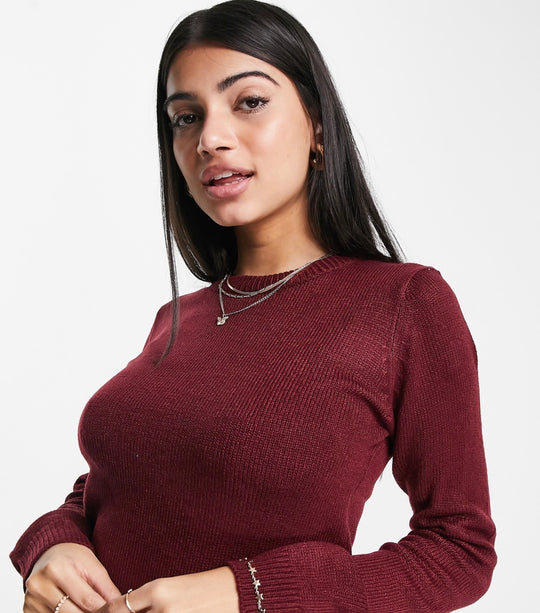 Brave soul grunge crew neck jumper dress in burgundy
